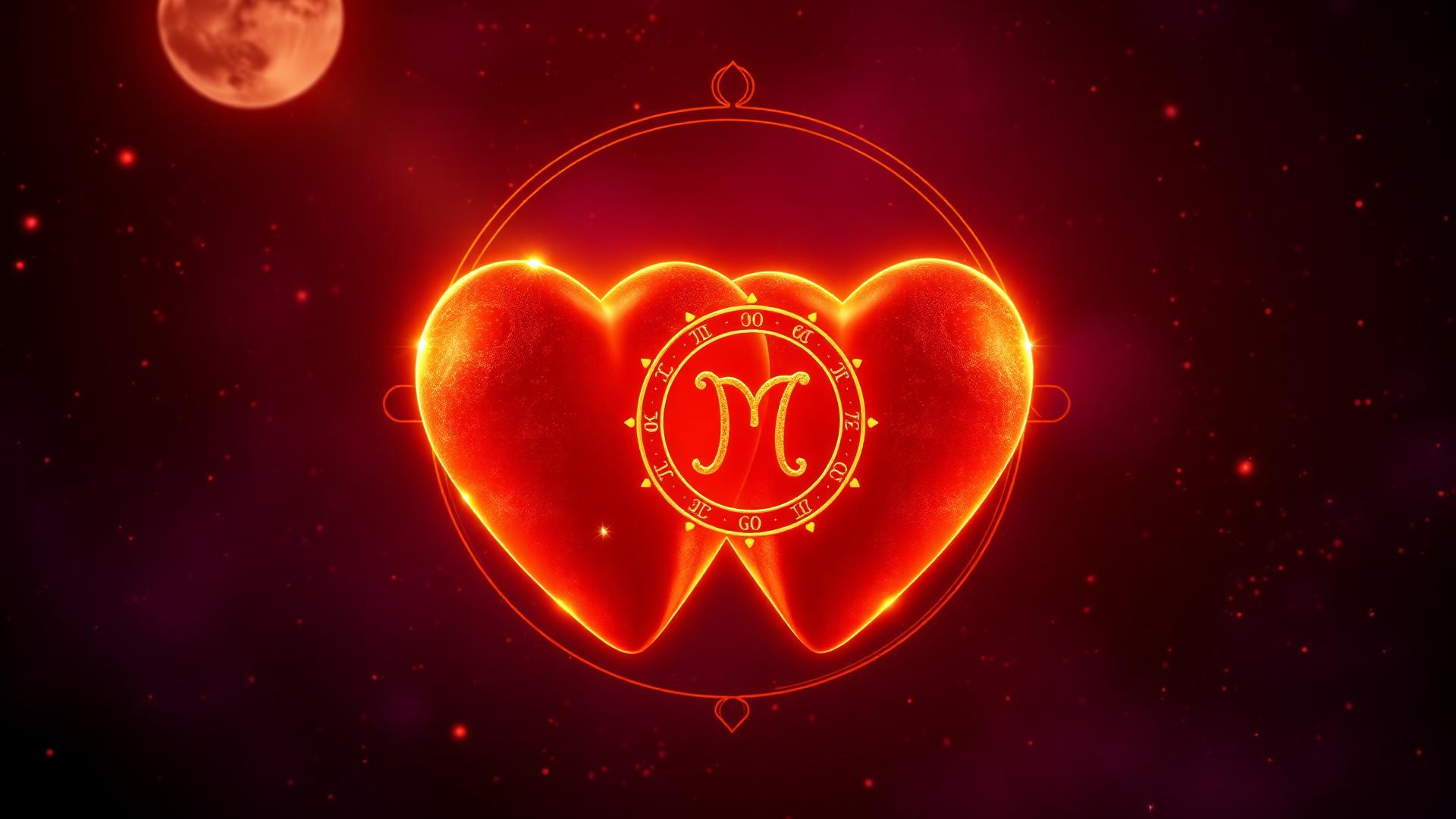 Two glowing golden hearts intertwined with a zodiac ring on a burgundy cosmic background