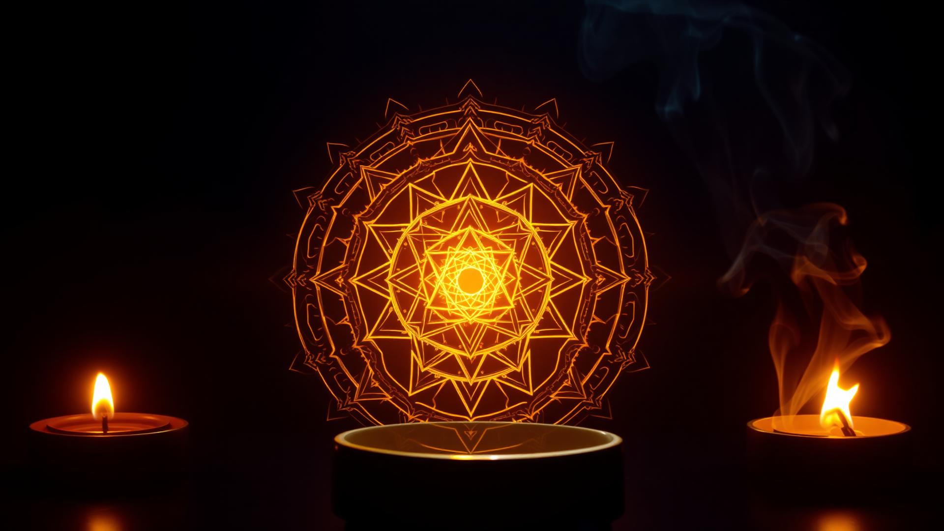 Glowing golden Vedic yantra with protective light and incense