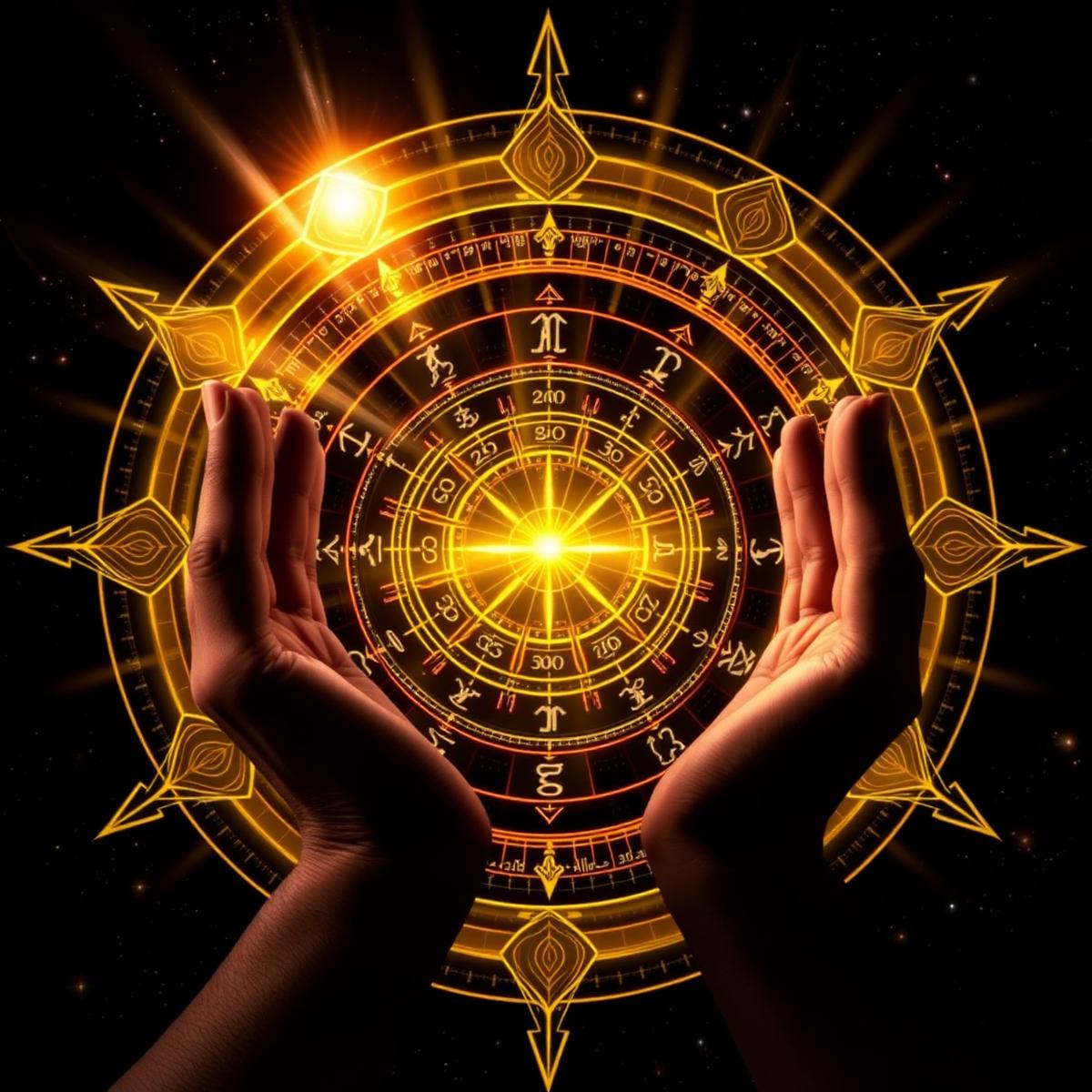 Astrologer's hands holding a glowing golden zodiac wheel